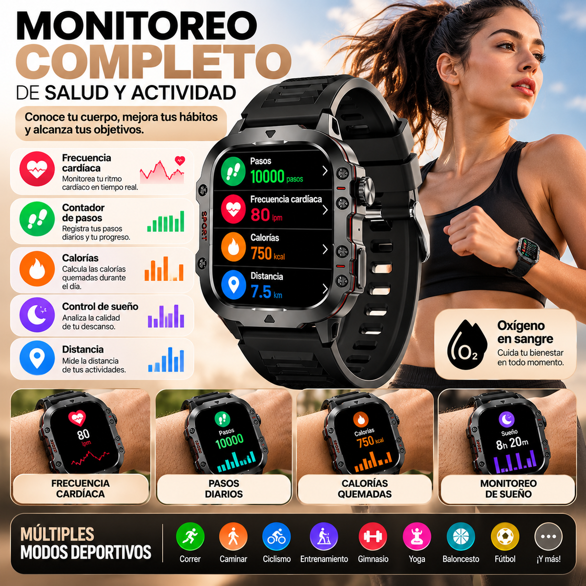 Smartwatch SPORT 1.96" HD – Bluetooth, Salud, Deportes, Música y Juegos