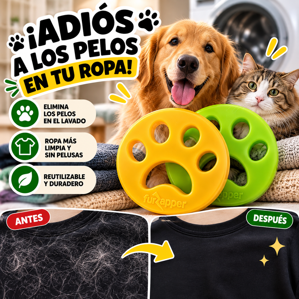 Removedor de Pelos para Mascotas FurZapper – Reutilizable para Lavadora y Secadora