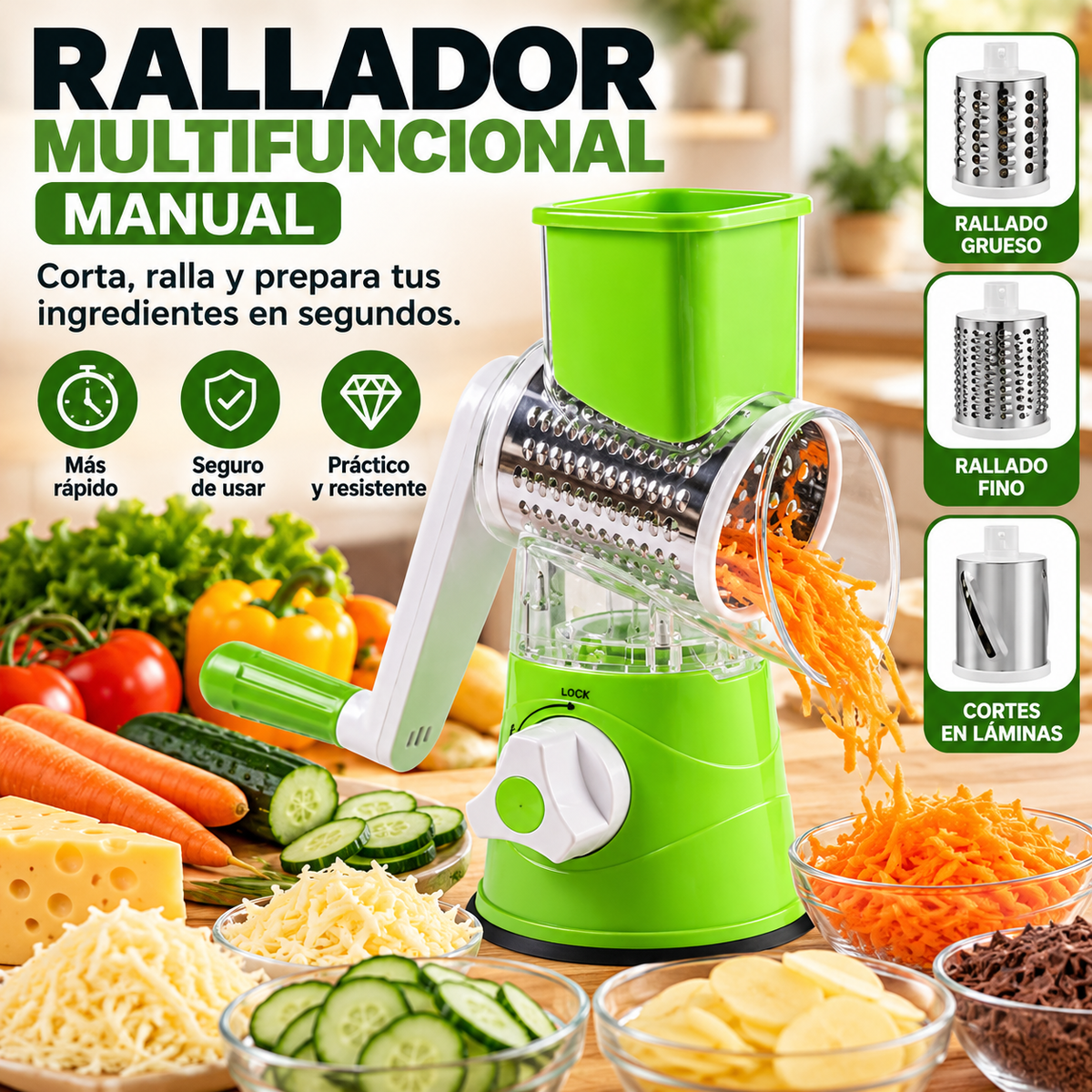 Rallador Pro™ 3 en 1 – Rallador y Cortador Multifuncional de Cocina