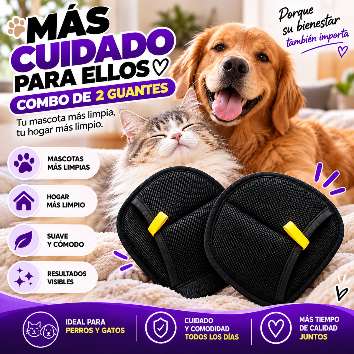 Guantes Quitapelos para Mascotas 2 en 1 Combo x2 – Perros y Gatos