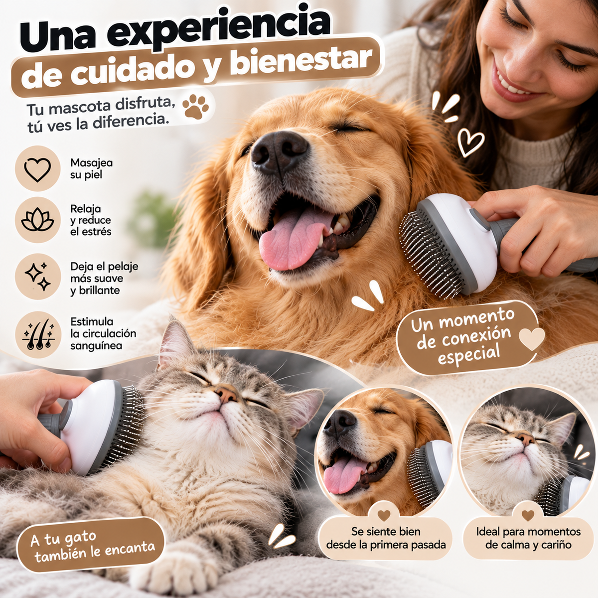 Cepillo Quitapelos para Perros y Gatos – Grooming Suave con Limpieza Fácil